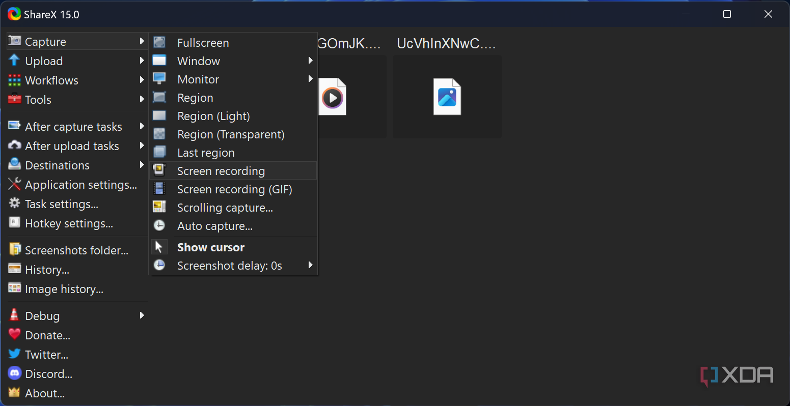 Screenshot of ShareX with the screen recording option shown in the menu