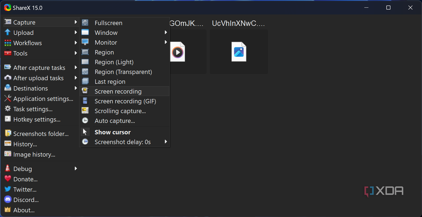 Screenshot of ShareX with the screen recording option shown in the menu