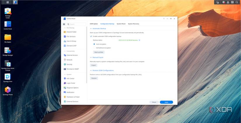 DSM config backup screen on a Synology NAS