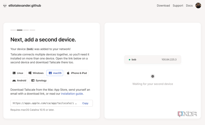 A screenshot showing the Tailscale Admin console with a device connected.