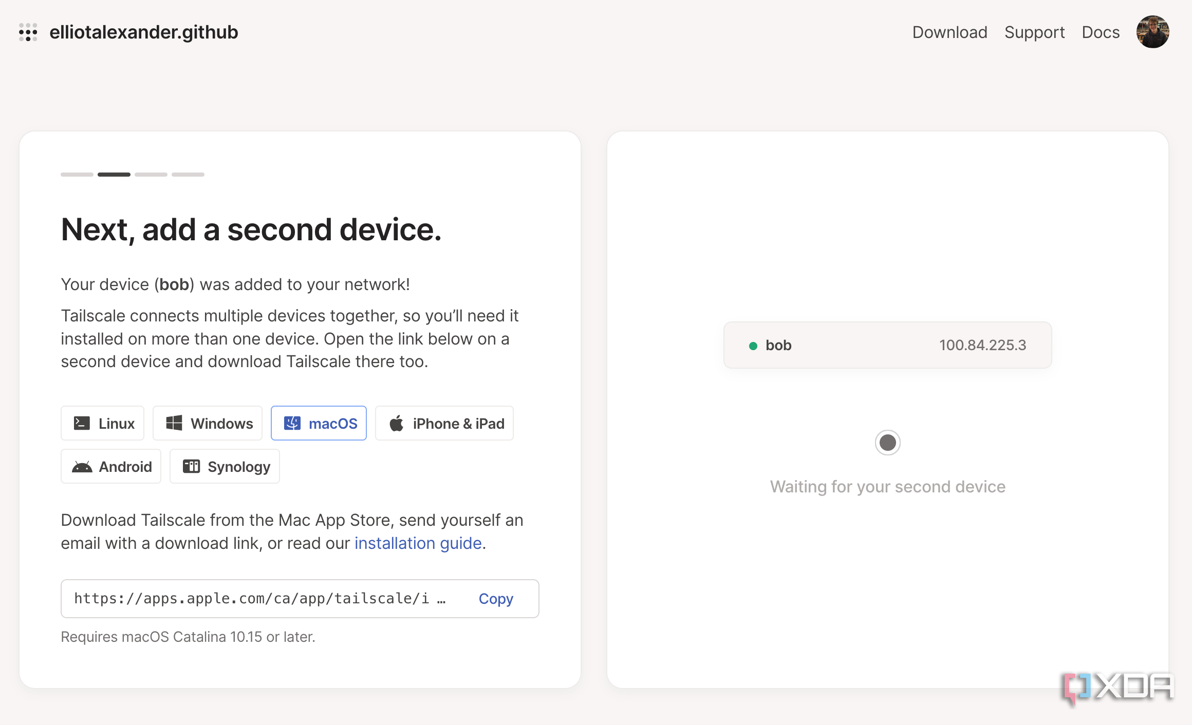A screenshot showing the Tailscale Admin console with a device connected.