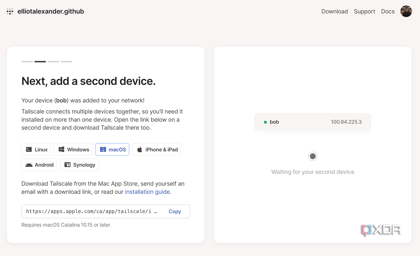 A screenshot showing the Tailscale Admin console with a device connected.