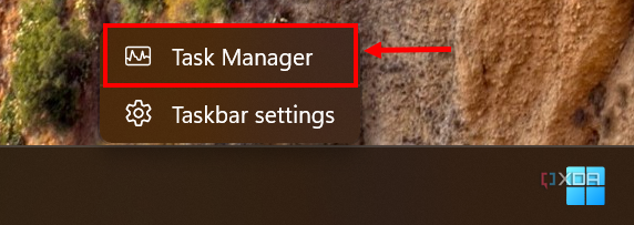 Screenshot of a Windows 11 taskbar with a context menu showing the Task Manager option