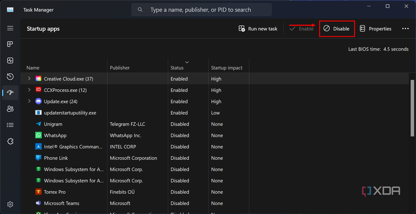 Screenshot of the Startup apps page in Task Manager with the Disable button highlighted