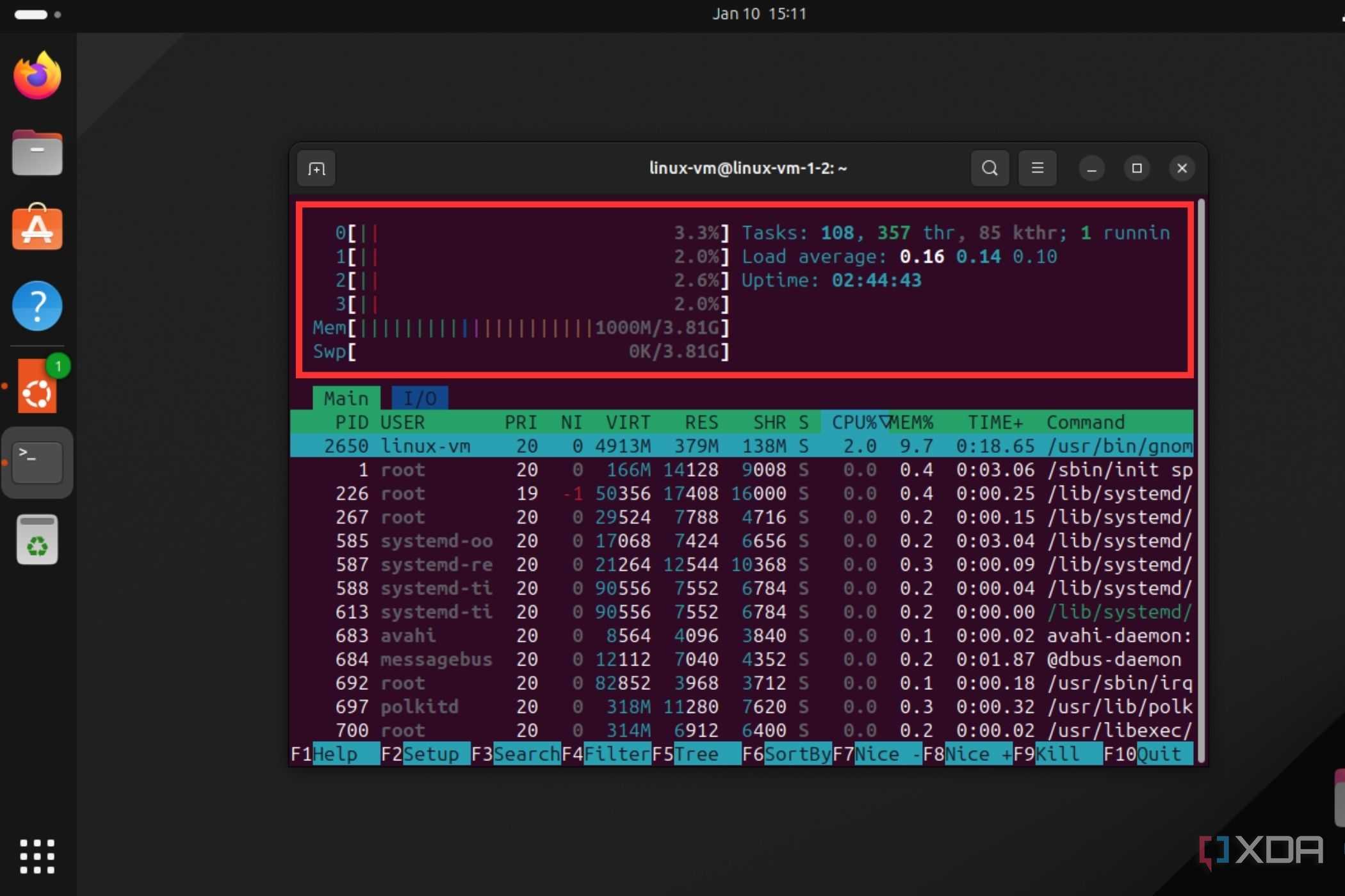 A screenshot showing the terminal window on Linux with the Htop command running