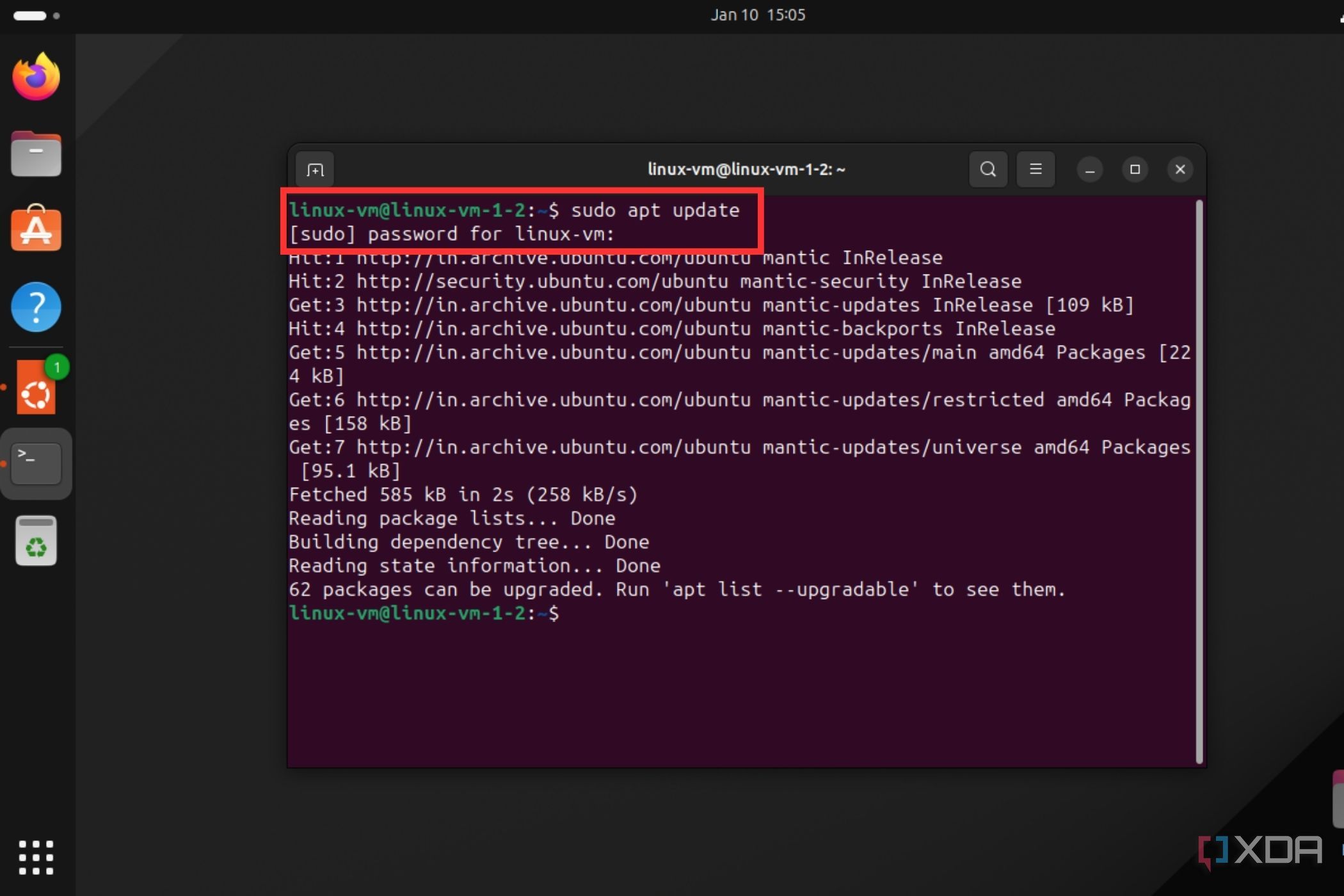 A screenshot showing Terminal Window on Linux with the sudo apt update command running.