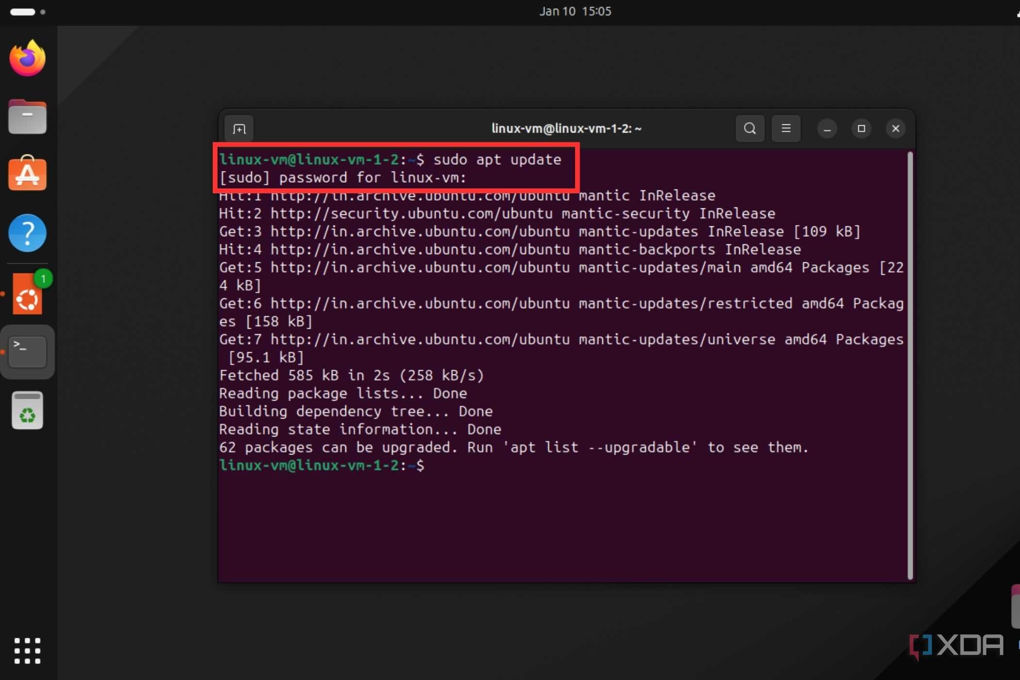 A screenshot showing Terminal Window on Linux with the sudo apt update command running.