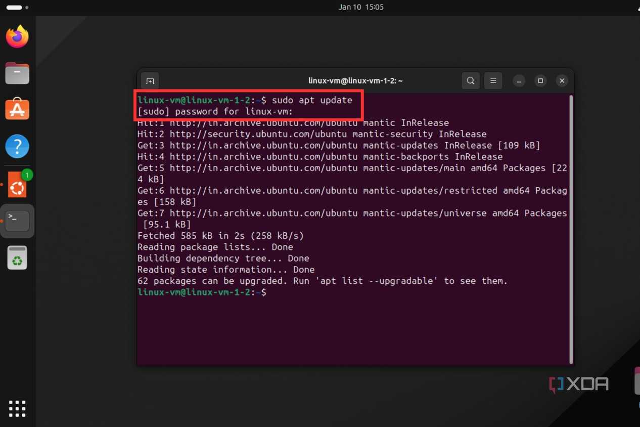 A screenshot showing Terminal Window on Linux with the sudo apt update command running.