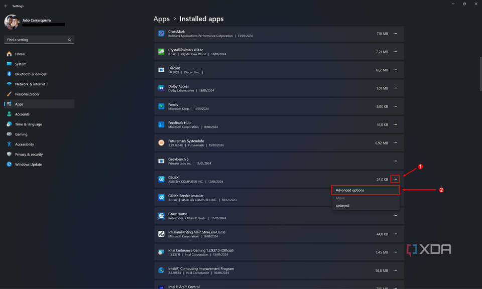 Screenshot of the installed apps list in the Windows 11 Settings app showing the advanced options button for a given app