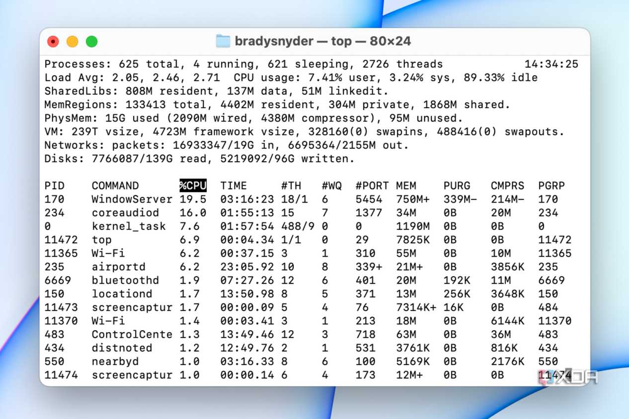 The top command in the macOS terminal.