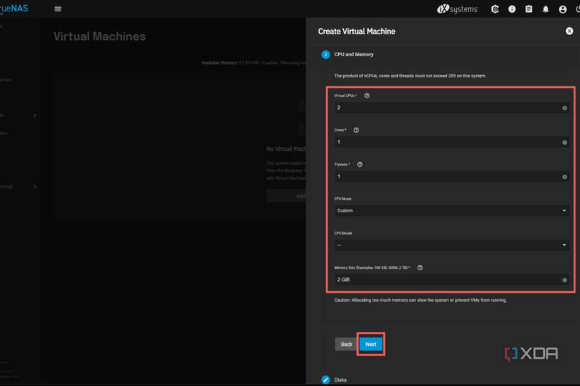 A screenshot of TrueNAS scale with the CPU and Memory options highlighted