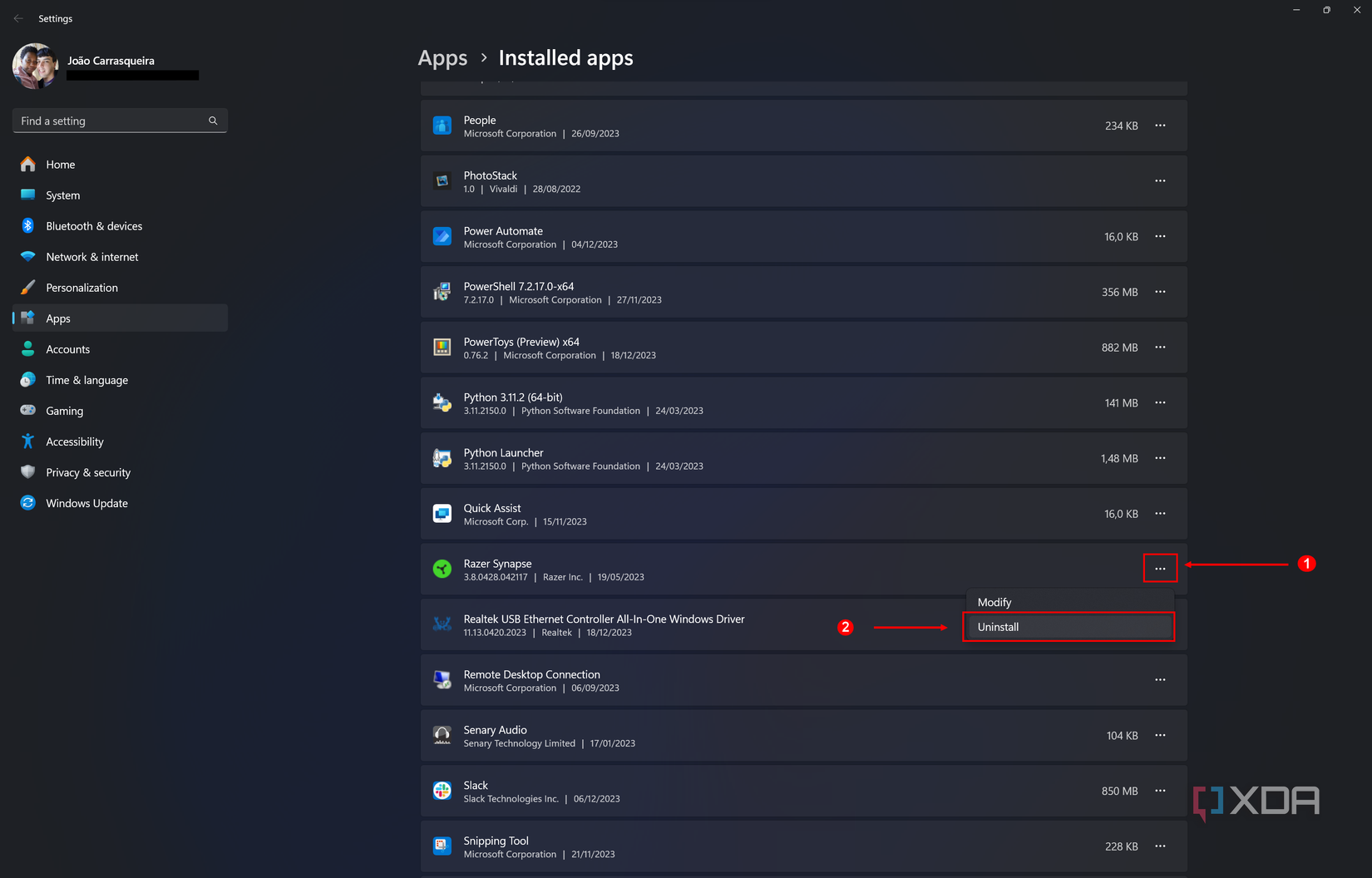 Screenshot of the Windows 11 Settings app showing how to uninstall an app