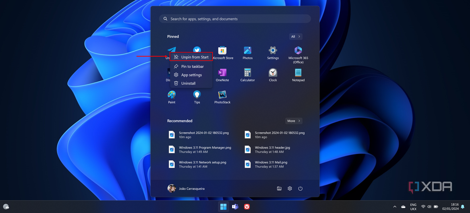 Screenshot of the Windows 11 Start menu with the Unpin from Start option highlighted