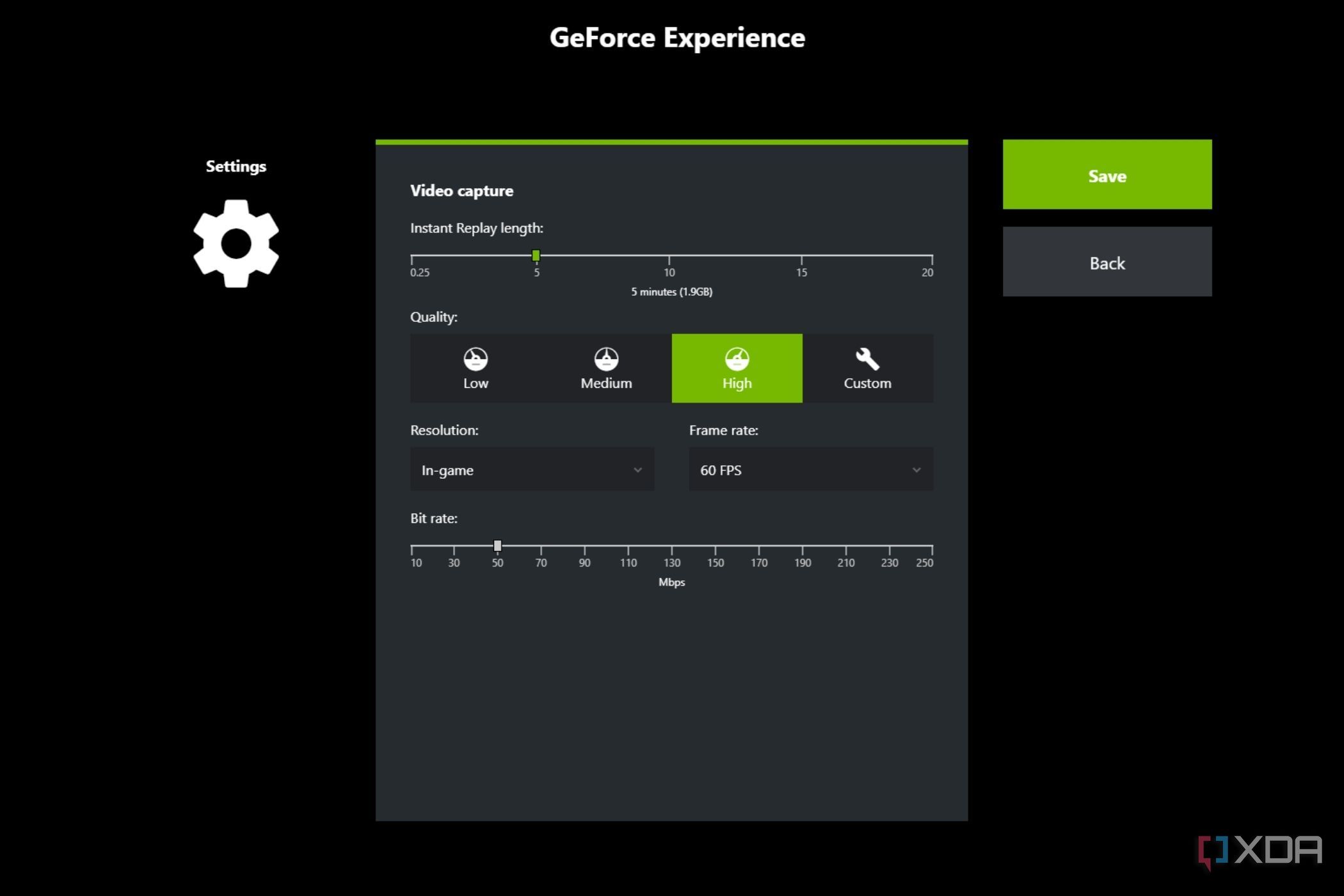 A screenshot showing the Video capture settings in Nvidia GeForce Experience overlay.