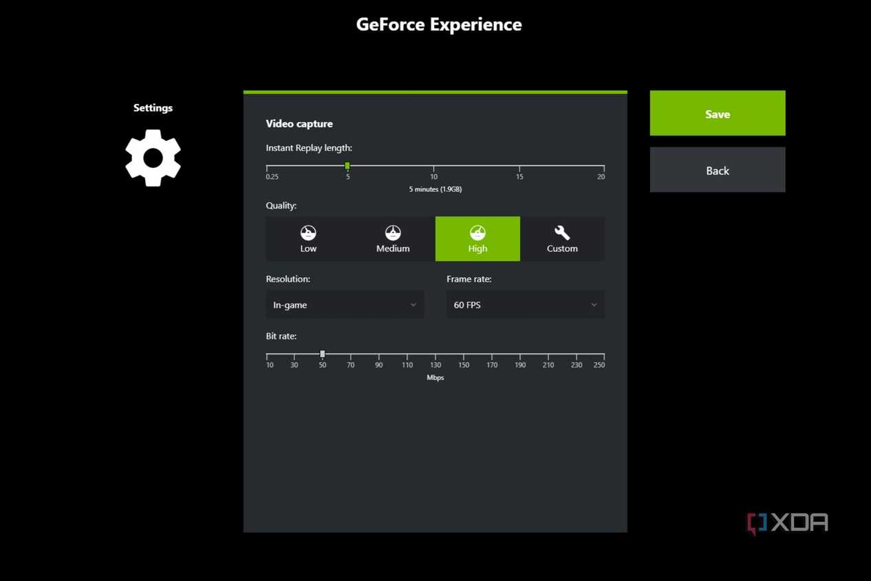 A screenshot showing the Video capture settings in Nvidia GeForce Experience overlay.