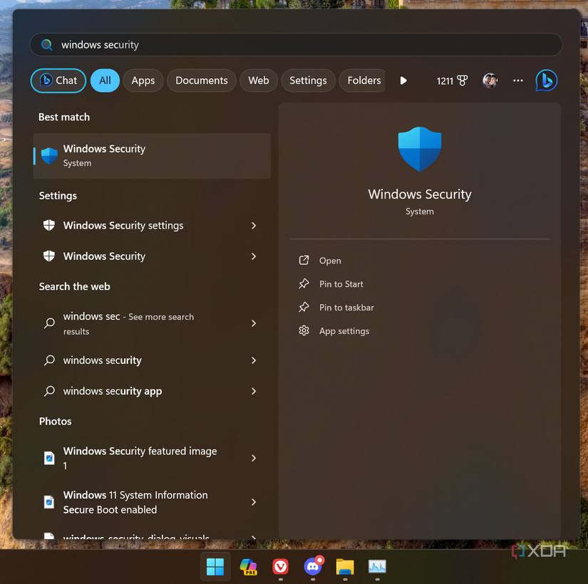 Screenshot of Windows Search showing results for Windows Security