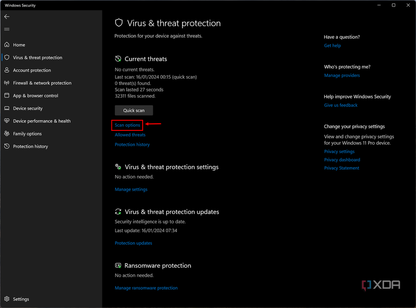 Screenshot of Windows Security with the scan options button highlighted