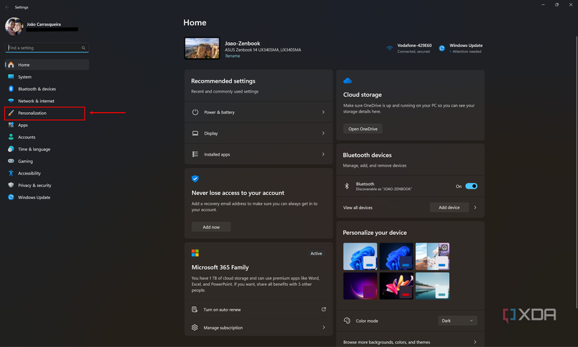 Screenshot of the Windows 11 Settings home page with the Personalization section highlighted on the side bar