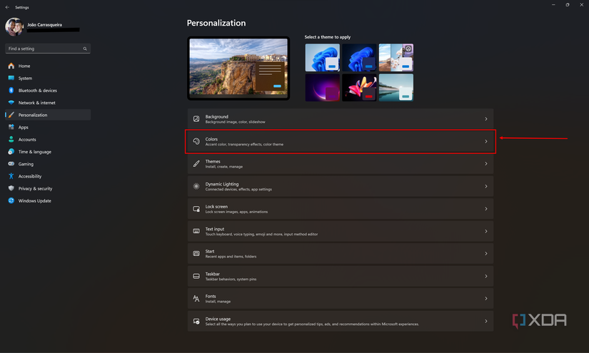 Screenshot of Windows 11 Personalization settings with the Colors option highlighted