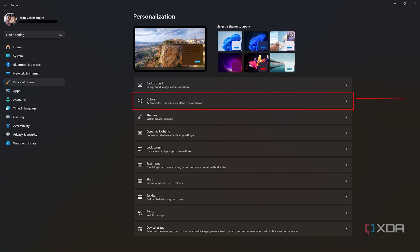 Screenshot of Windows 11 Personalization settings with the Colors option highlighted