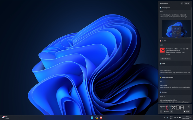 Screenshot of the Windows 11 desktop showing the notification center