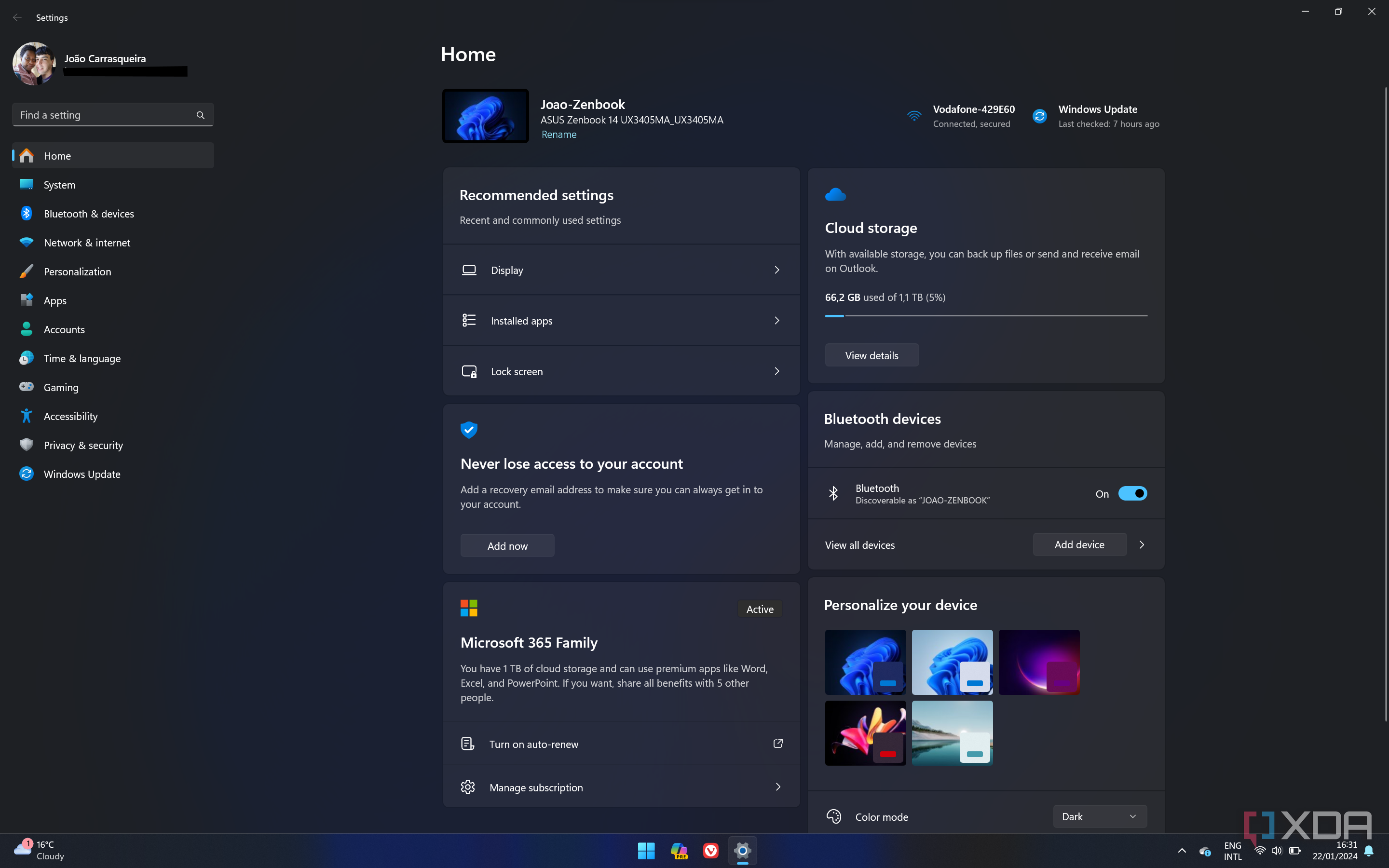 Screenshot of the Windows 11 Settings app home page