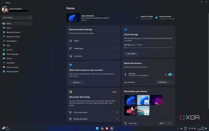 Screenshot of the Windows 11 Settings app home page