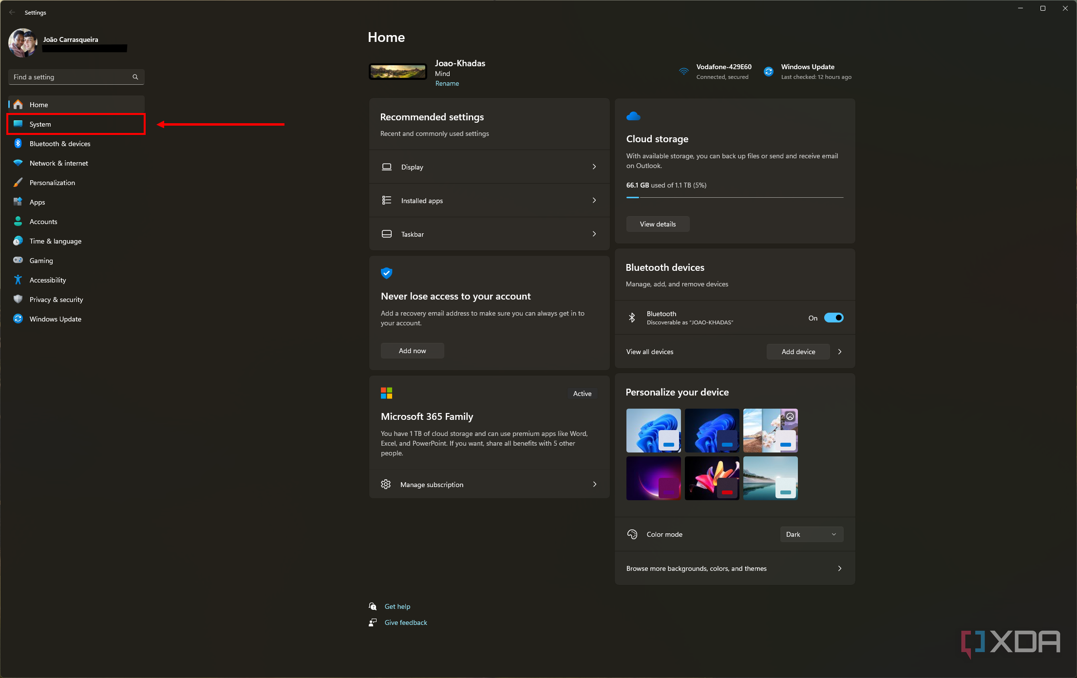 Screenshot of the Windows 11 Settings app with the System section highlighted on the side menu