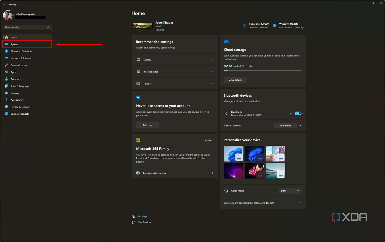 Screenshot of the Windows 11 Settings app with the System section highlighted on the side menu