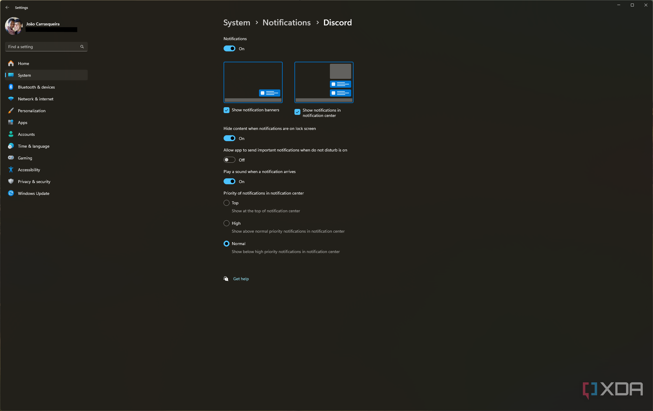 Screenshot of Windows 11 notification settings for the Discord app