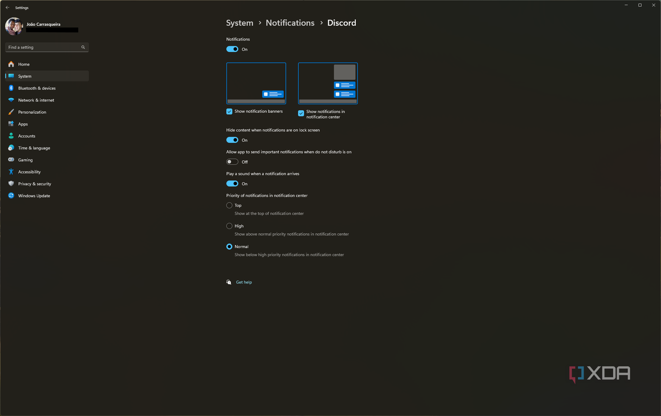 Screenshot of Windows 11 notification settings for the Discord app