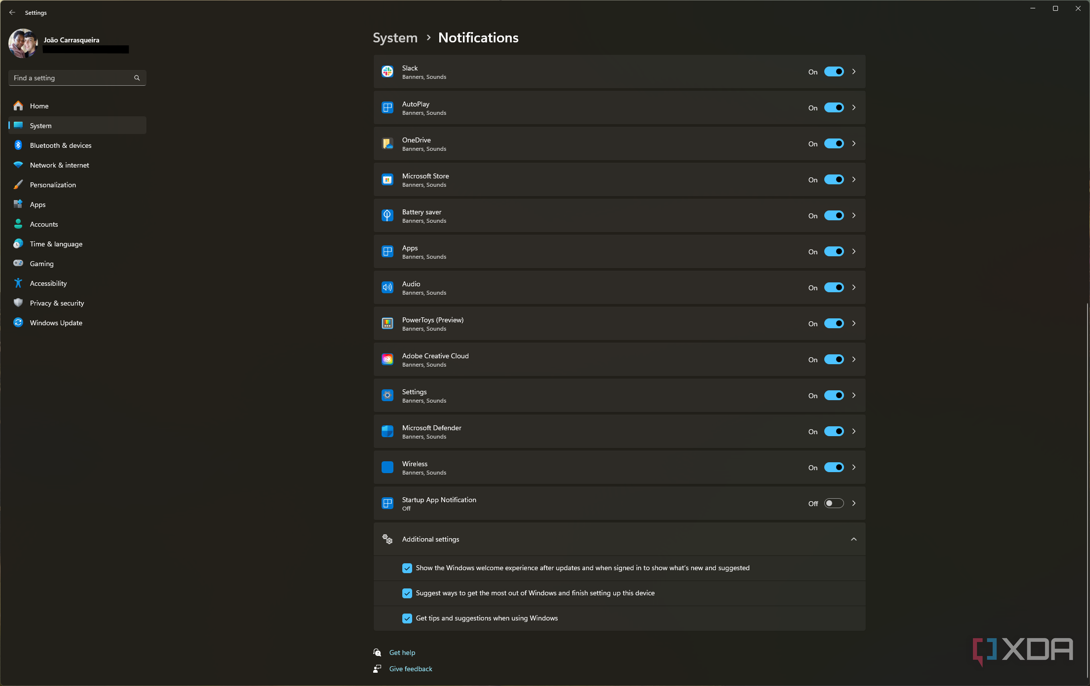 SScreenshot of Windows 11 notification settings showing multiple apps with notifications enabled along with some system notifications