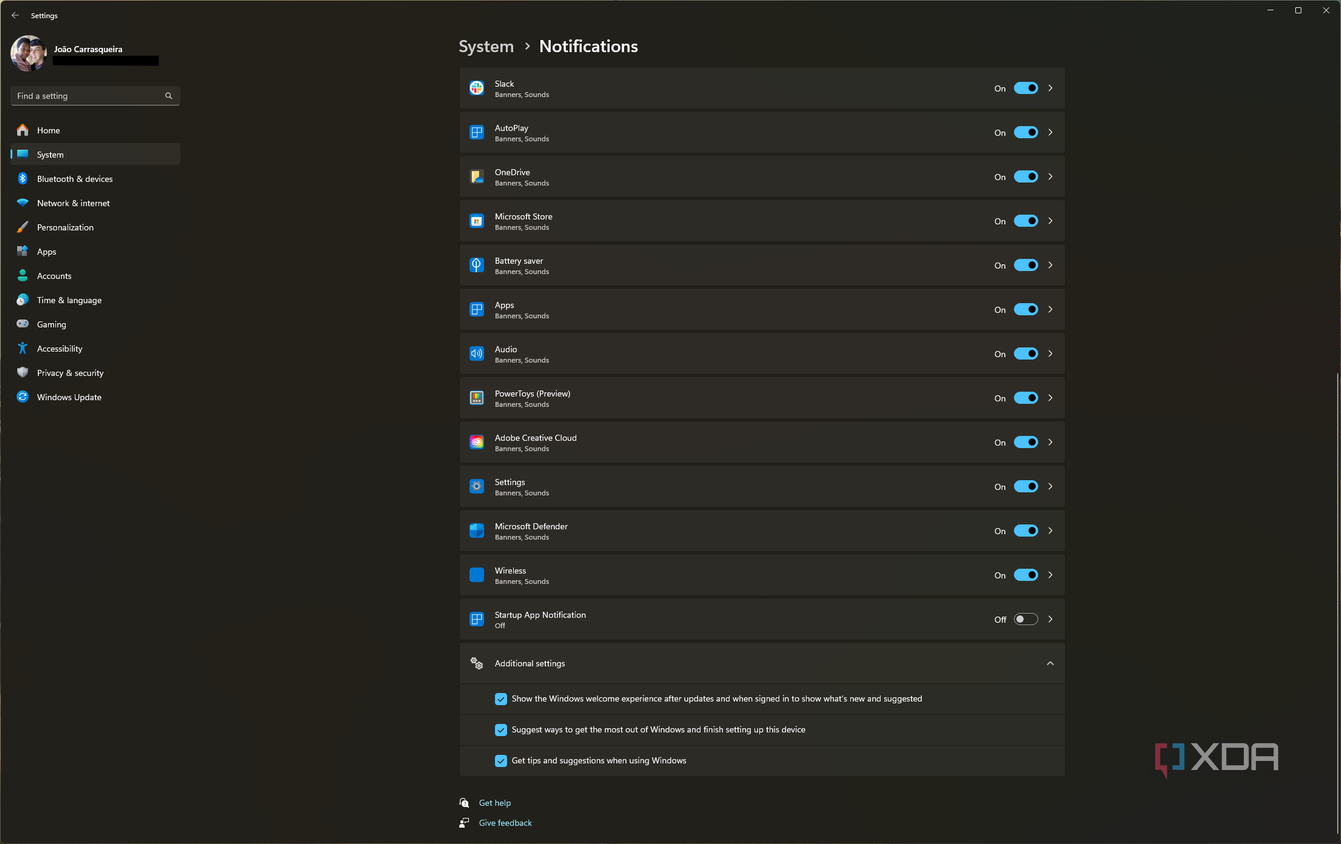 SScreenshot of Windows 11 notification settings showing multiple apps with notifications enabled along with some system notifications