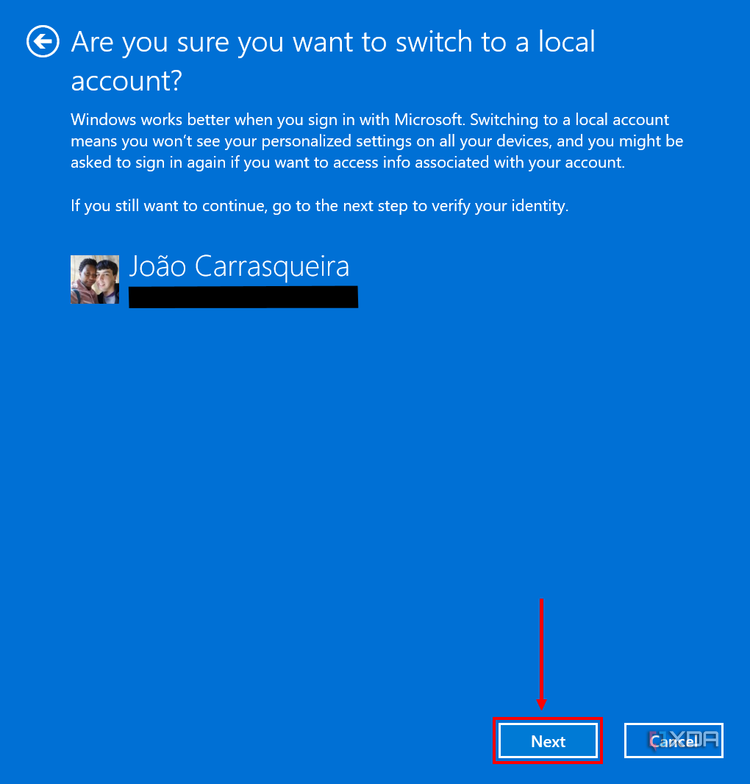 Screenshot of a Windows dialog asking the user to confirm that they want to remove their Microsoft account