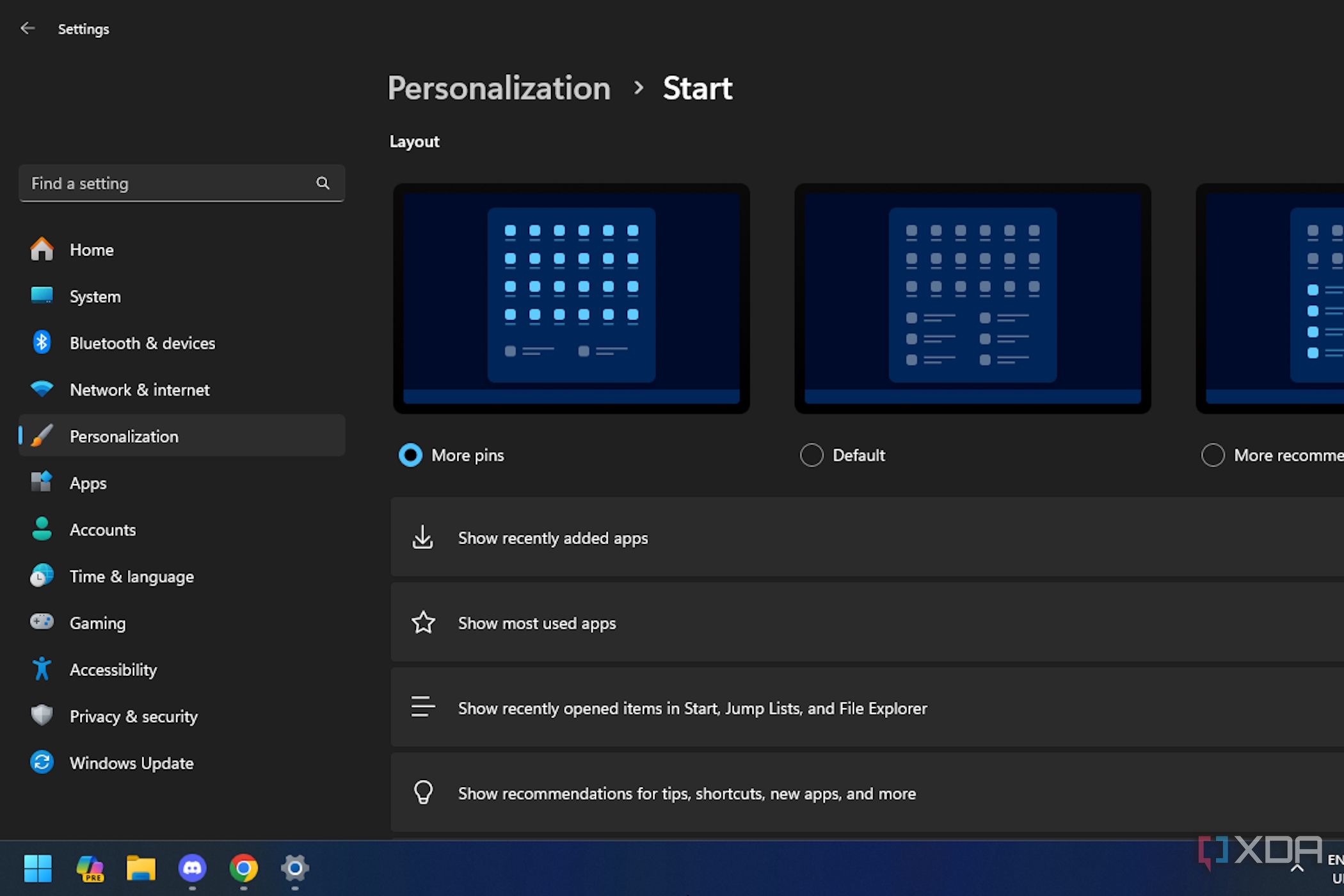 The Windows 11 Start menu options