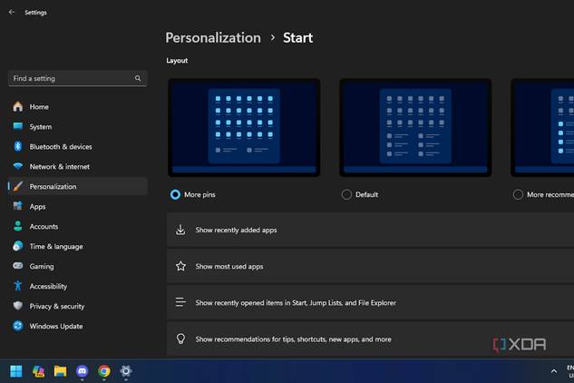 The Windows 11 Start menu options