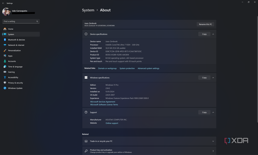 Screenshot of the About page in Windows 11 Settings