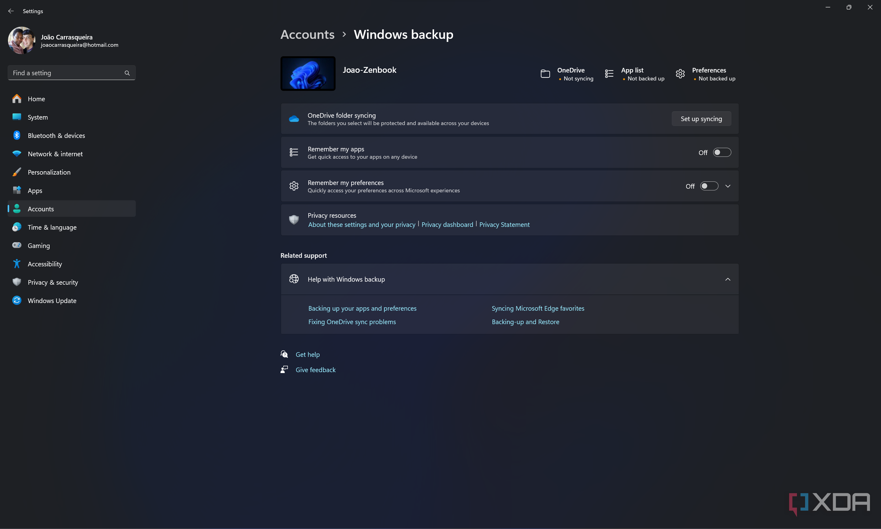 Screenshot of Windows backup settings in Windows 11