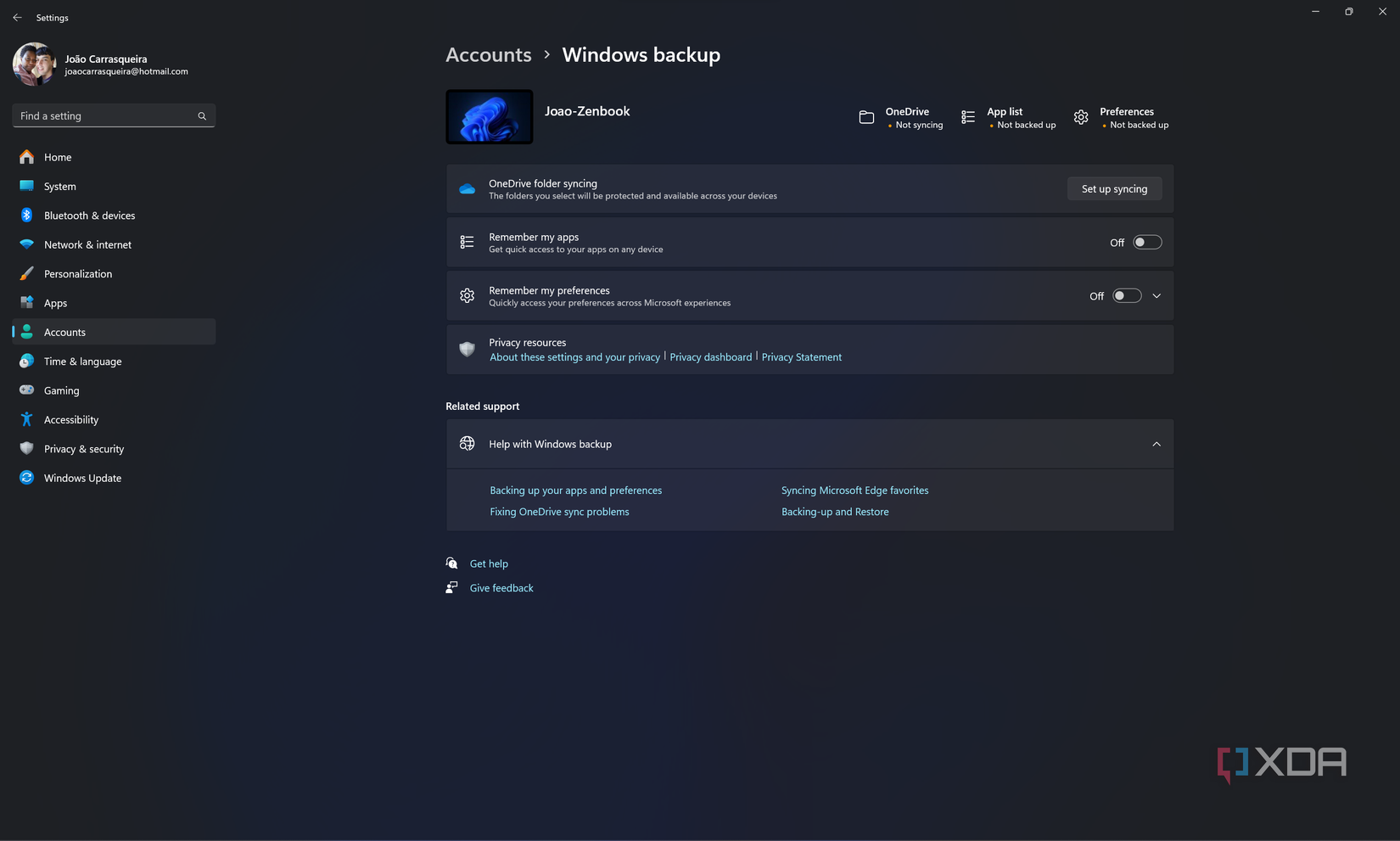 Screenshot of Windows backup settings in Windows 11