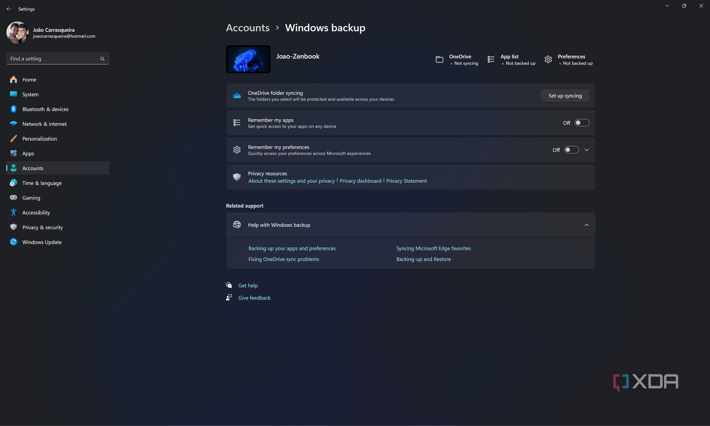 Screenshot of Windows backup settings in Windows 11