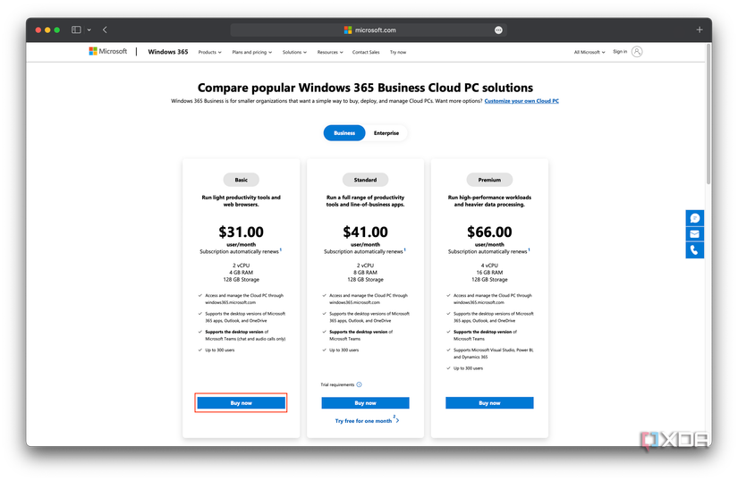 Windows 365 Business Cloud PC plans, with Basic costing $31/month and a highlighted Buy Now button