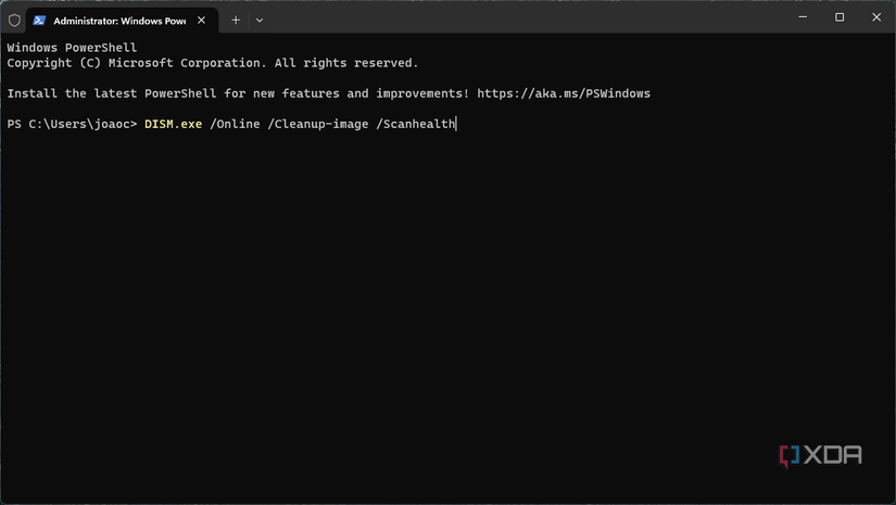 Screenshot of Windows Terminal with the DISM command to verify the health of the operating system