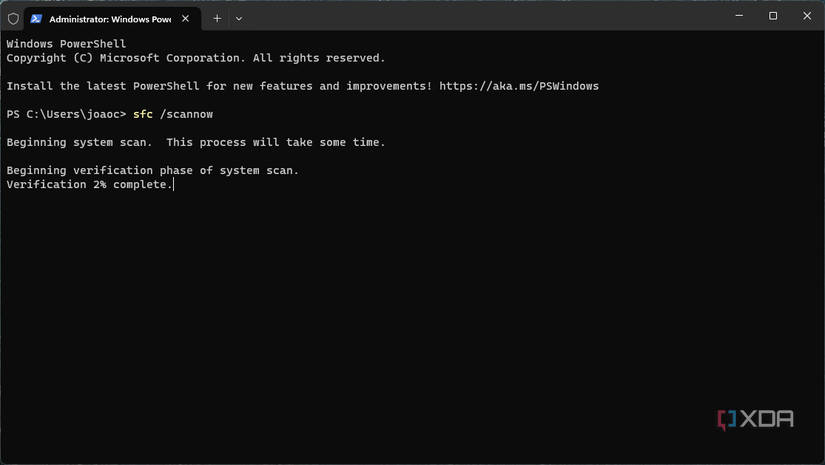 Screenshot of Windows Terminal running the system file check command