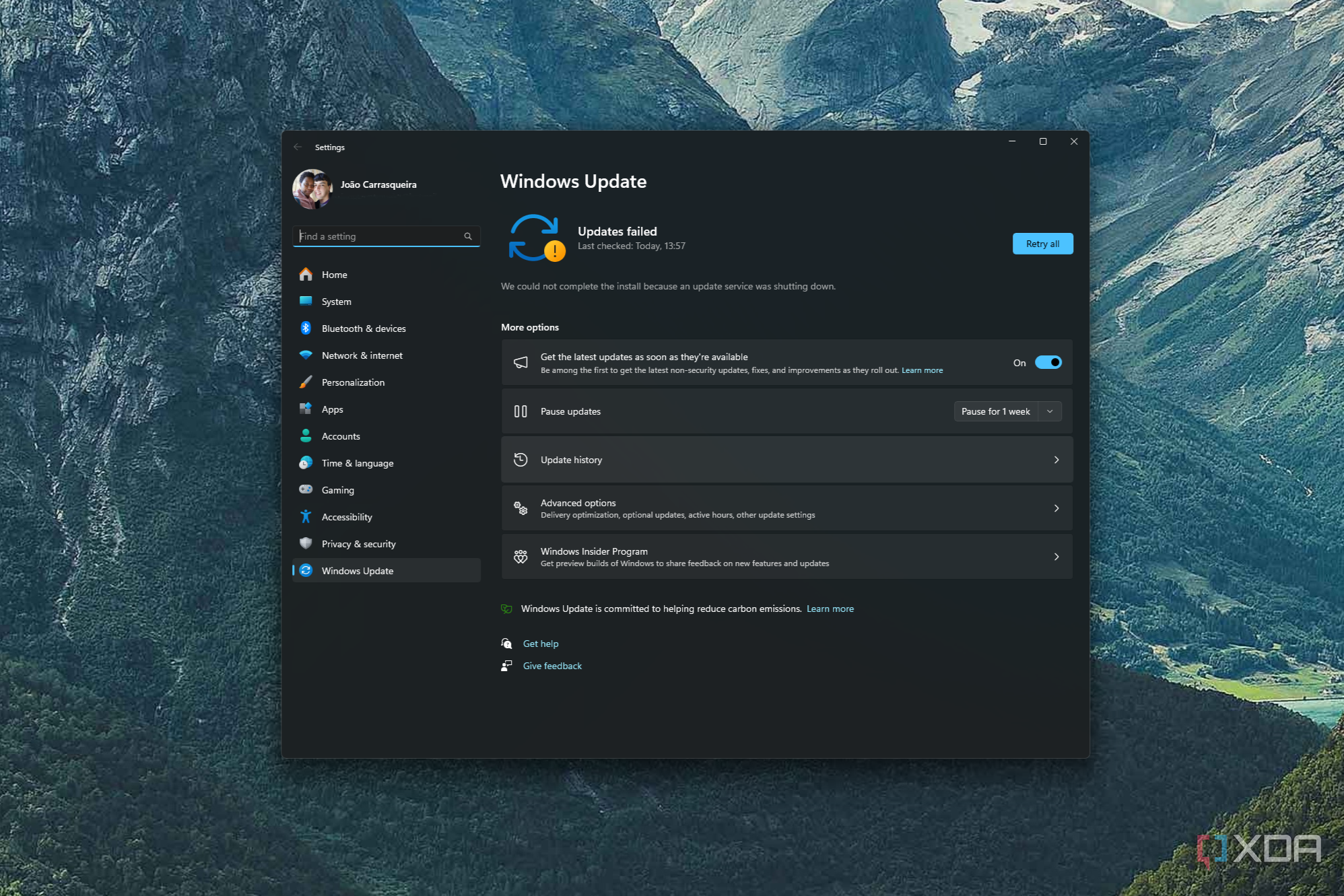 Screenshot of Windows Update after failing to install some updates