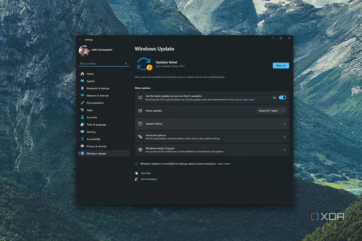 Screenshot of Windows Update after failing to install some updates