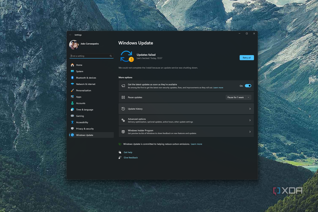 Screenshot of Windows Update after failing to install some updates