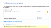 Screenshot of results after running Windows Update troubleshooter