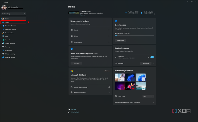 Screenshot of the Windows 11 Settings app with the System section highlighted on the left side