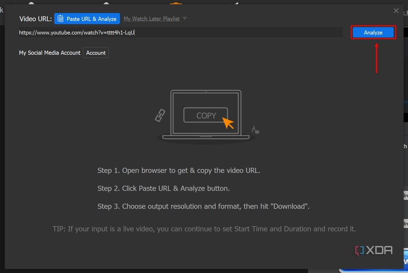 Screenshot of Winxvideo AI downloader with a YouTube link shown and the Analyze button highlighted