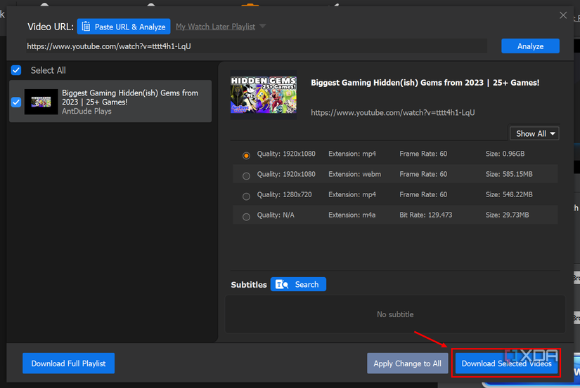 Screenshot of Winxvideo AI video downloader with a video quality options shown and a download button highlighted